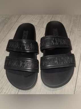 PINK Victoria's Secret Black Double-Strap Slide Sandals